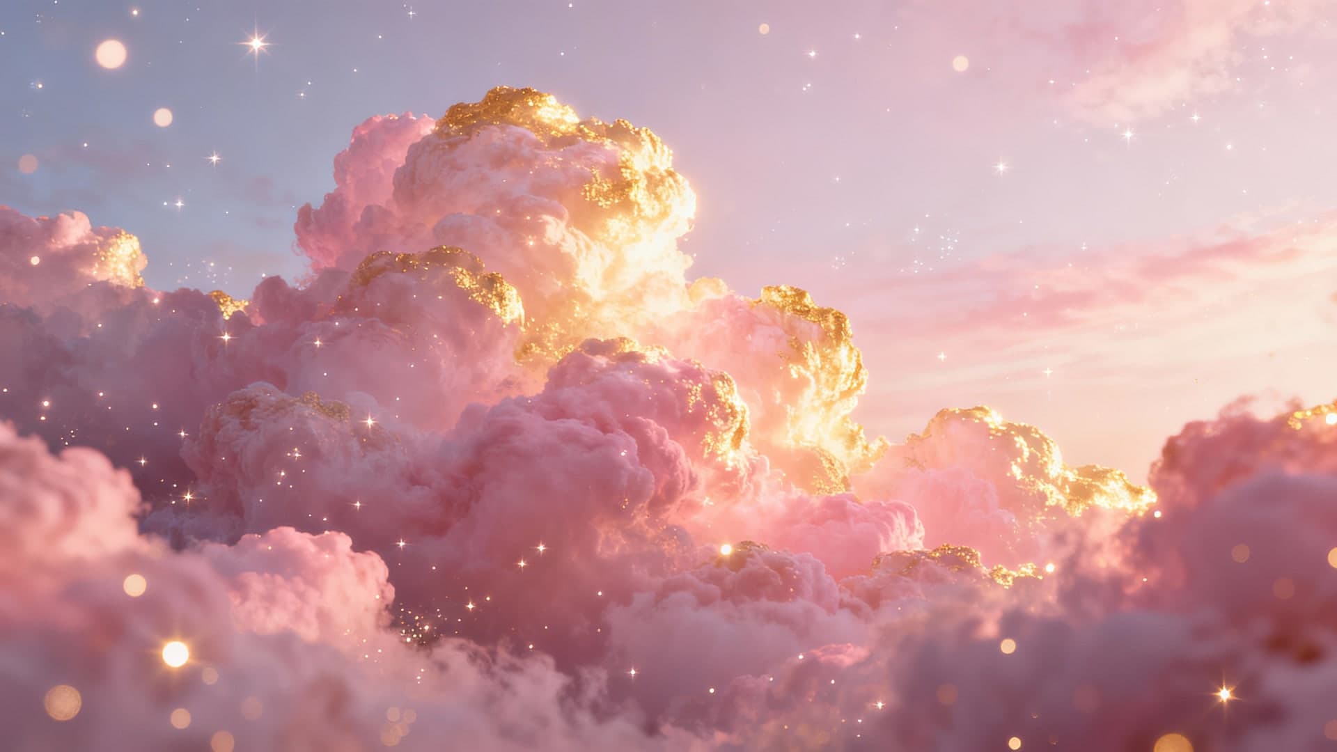 epic dreamy pink clouds glowing with golden light, magical sparkles, soft pastel gradient sky, fantasy celestial mood, extremely detailed atmospheric wallpaper, 16:9 cinematic framing, no text, no watermark, no frame, no characters