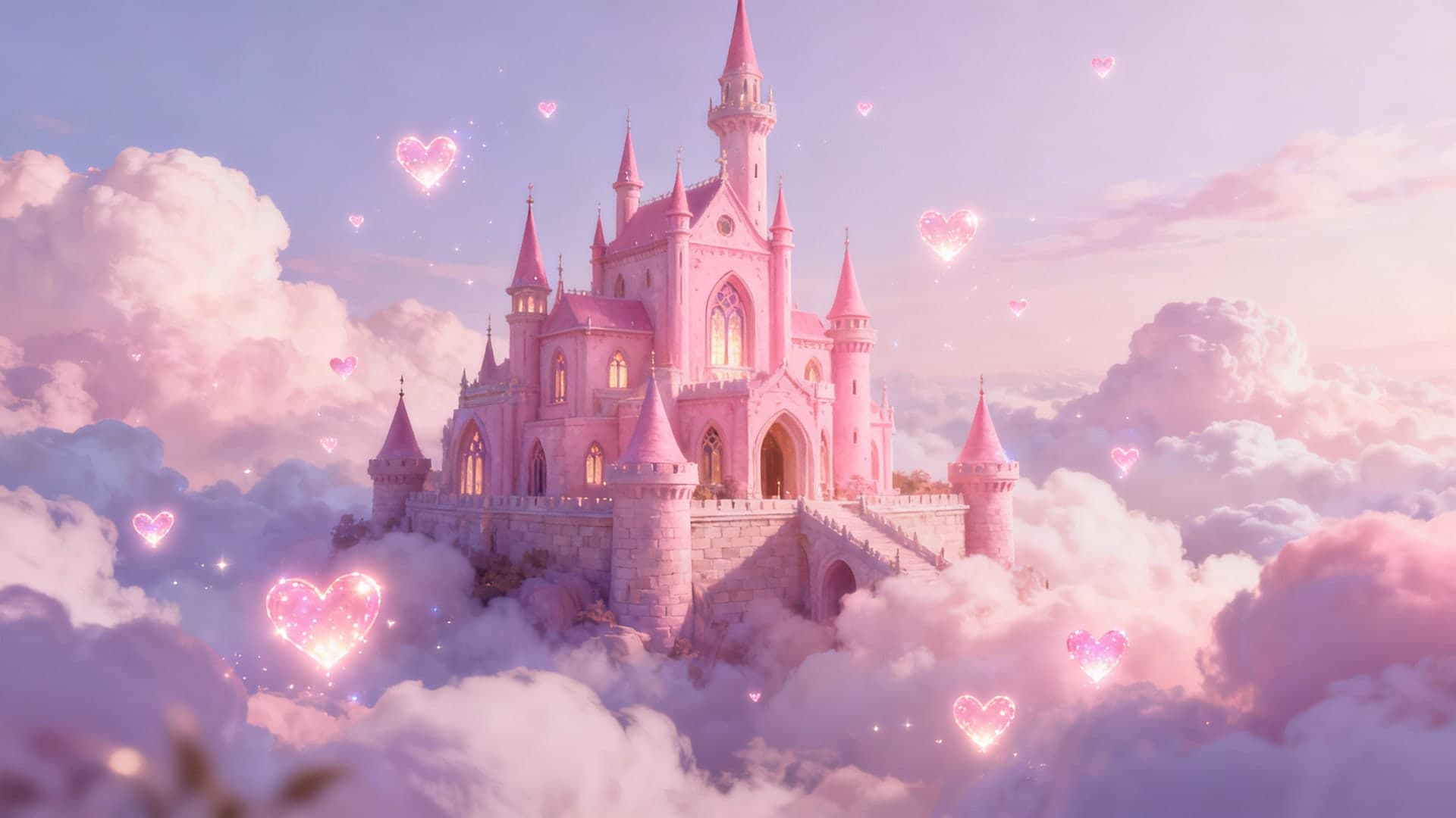 majestic pink fantasy castle floating in soft clouds, magical glowing hearts drifting, ethereal pastel tones, dreamy fairytale atmosphere, highly detailed illustration, cinematic 16:9 layout, no characters, no watermark, no text, no ui elements, no frame