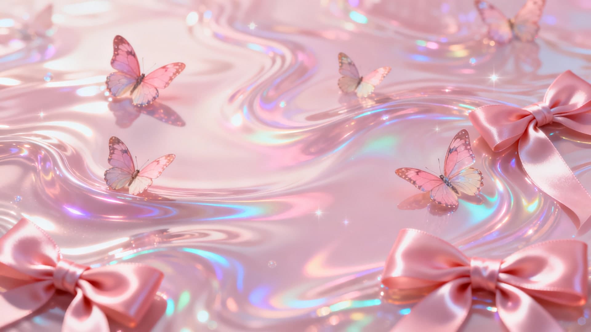 iridescent pink holographic liquid texture swirling with soft luminous gradients, floating pastel butterflies and glossy satin bows, dreamy reflective highlights, magical aesthetic, ultra smooth abstract surface, cinematic 16:9, no mockup, no frame, no ui, no text, no watermark, no logo, no hands, plain wallpaper