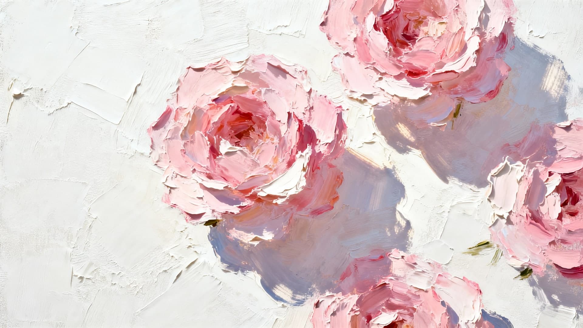 impasto textured pink flowers painted with thick brush strokes on creamy white canvas, soft sunlight shadows, delicate pastel tones, elegant artistic wallpaper, cinematic 16:9, no text, no watermark, no mockup, no frame