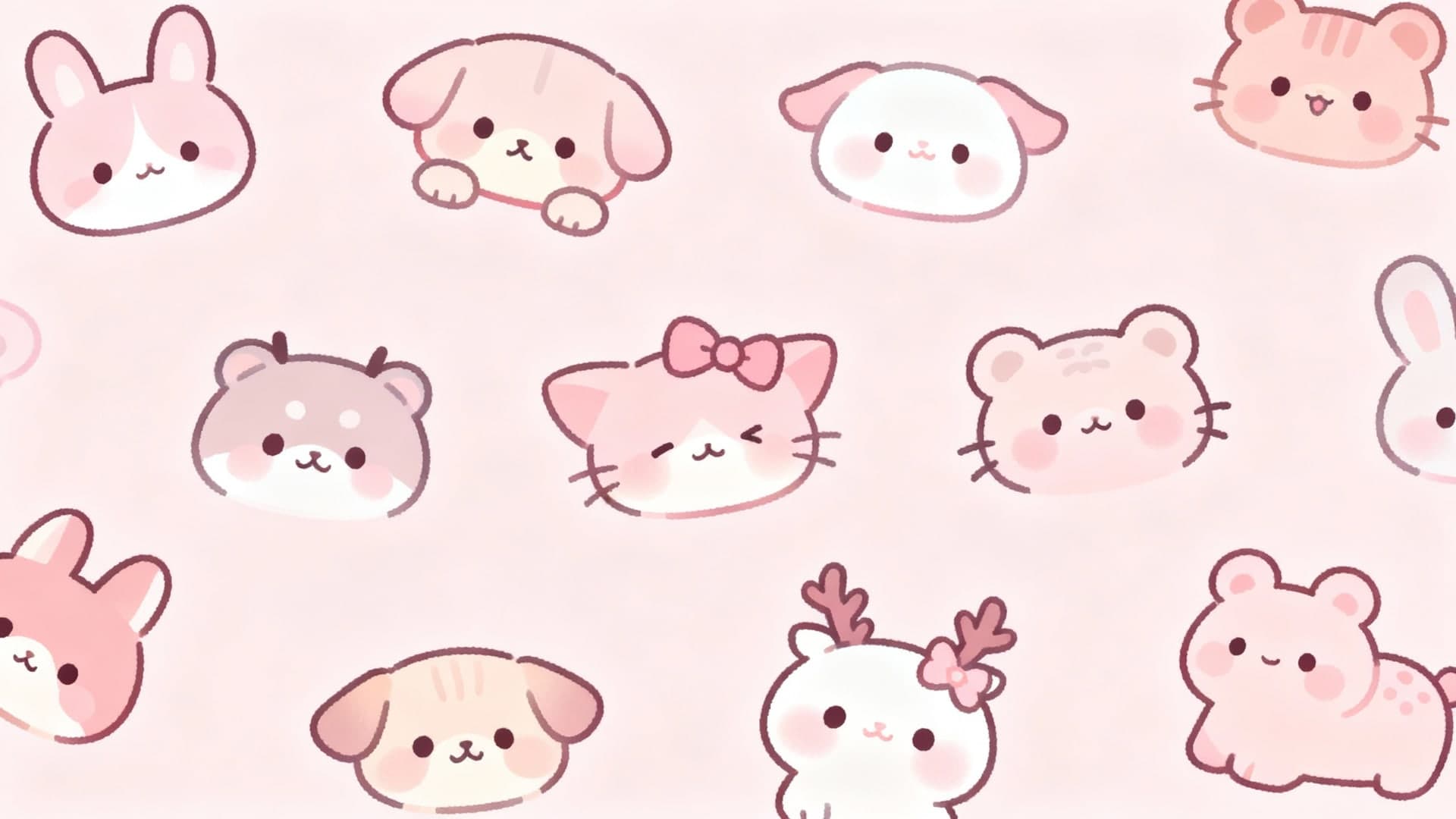kawaii pastel animal doodles with soft pink palette, cute expressions, clean simple illustration style, adorable character wallpaper, soft background, 16:9, no text, no watermark, no hard shadows, no photo realism