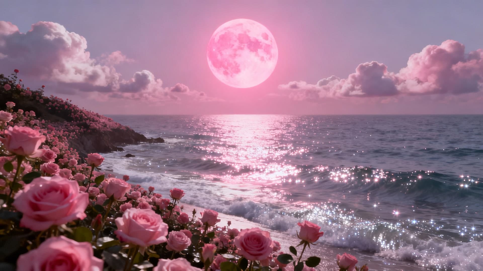 full glowing pink moon illuminating a shimmering ocean, rose-filled coastline, dreamy clouds, fantasy romantic lighting, soft magical ambiance, cinematic widescreen view, no characters, no text, no watermark, no buildings